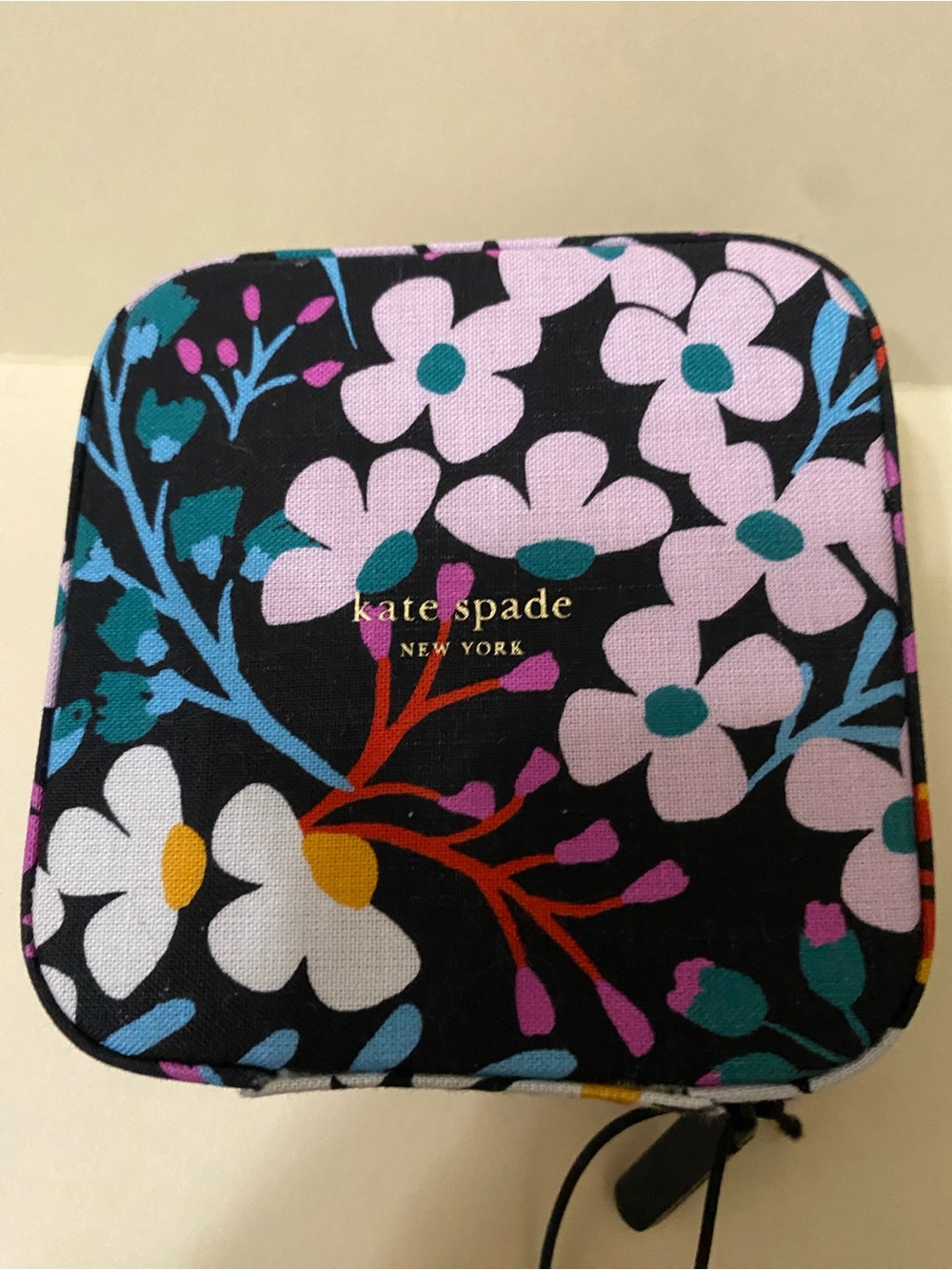 kate spade travel Black Floral Jewelry Case with Pink, Teal & Yellow Accents